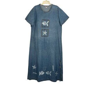 S&S Collection Denim Dress Sea-Themed Made In USA Size L Beach Casual Fish Retro